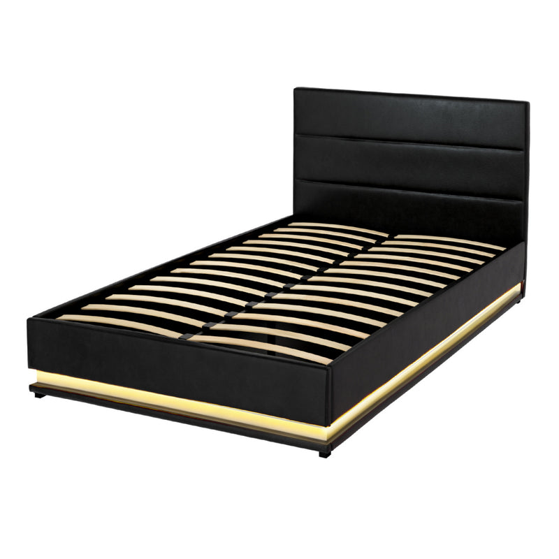 Milano Premium LED Black PU Leather Gas Lift Storage Bed Frame - King Single Size