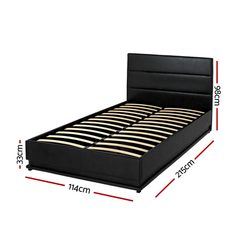 Milano Premium LED Black PU Leather Gas Lift Storage Bed Frame - King Single Size