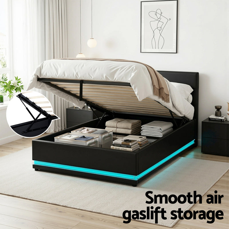 Milano Premium LED Black PU Leather Gas Lift Storage Bed Frame - King Single Size