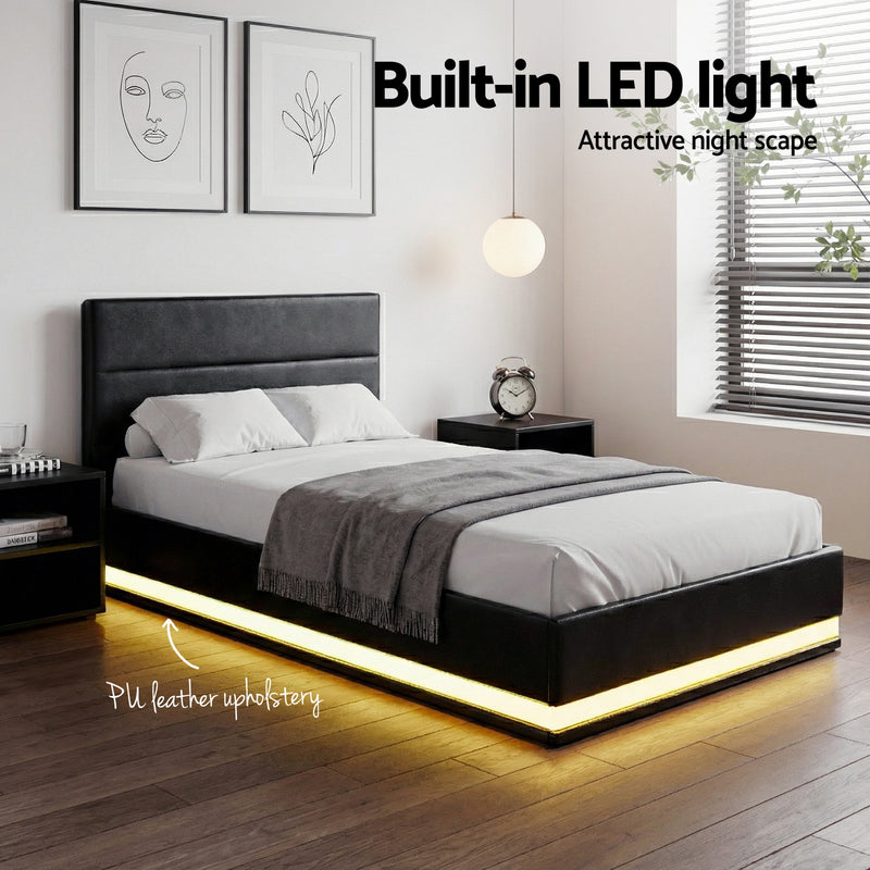 Milano Premium LED Black PU Leather Gas Lift Storage Bed Frame - King Single Size