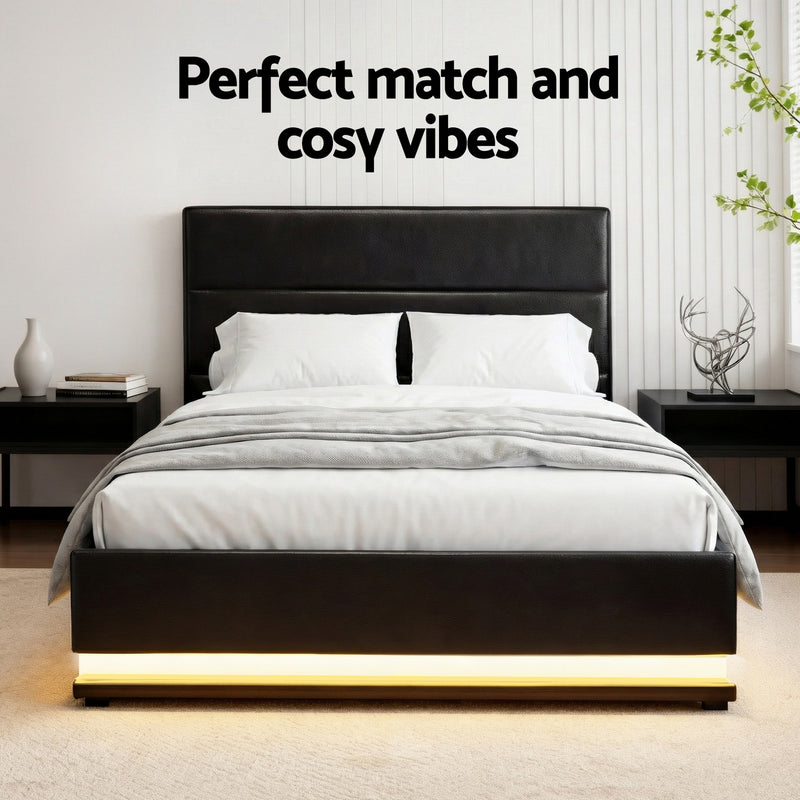 Milano Premium LED Black PU Leather Gas Lift Storage Bed Frame - King Single Size