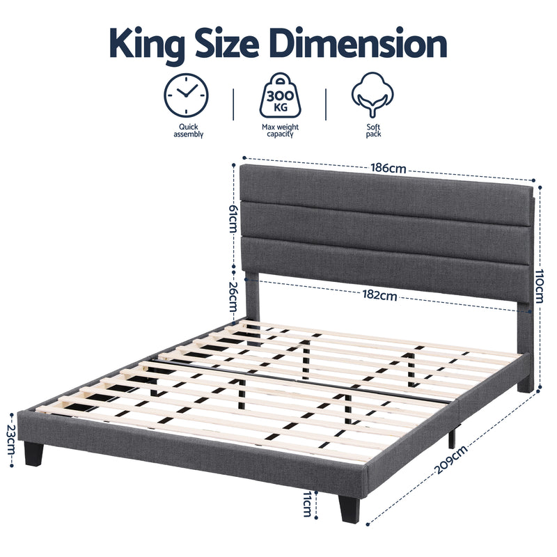 Milano Geometric Headboard Premium Charcoal Linen Bed Frame - King Size