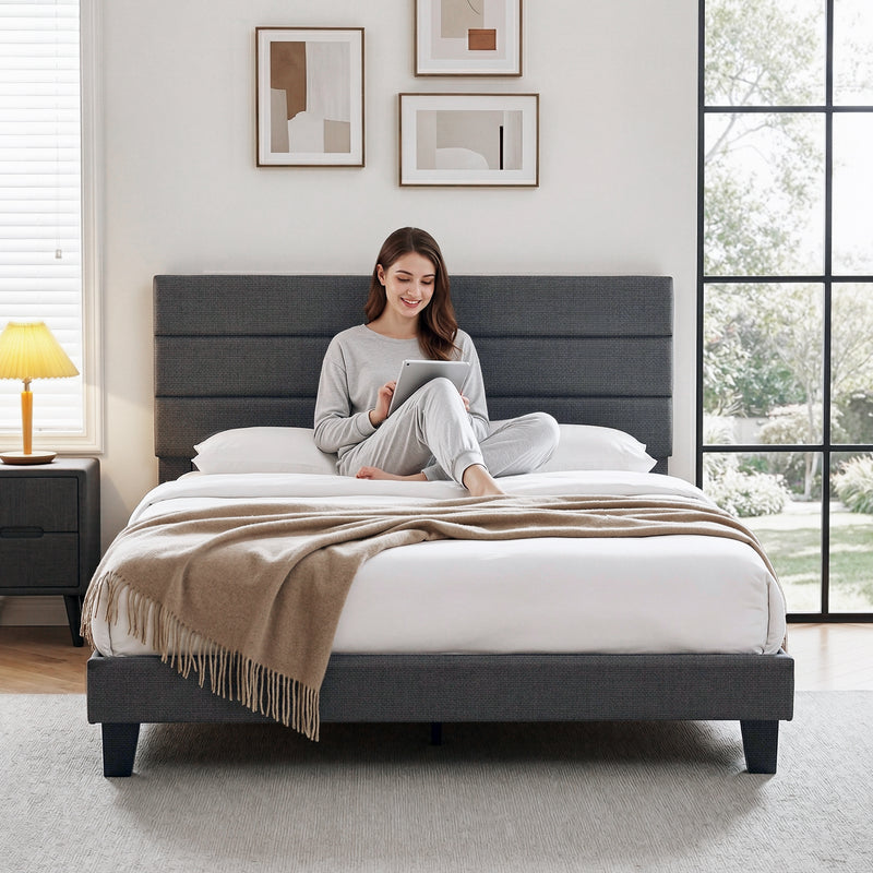 Milano Geometric Headboard Premium Charcoal Linen Bed Frame - King Size
