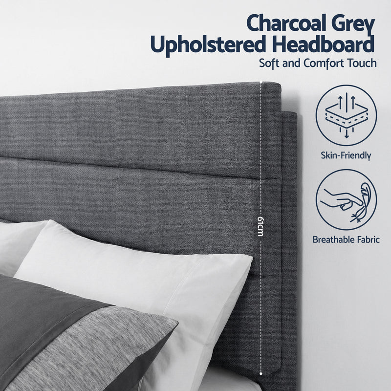 Milano Geometric Headboard Premium Charcoal Linen Bed Frame - King Size