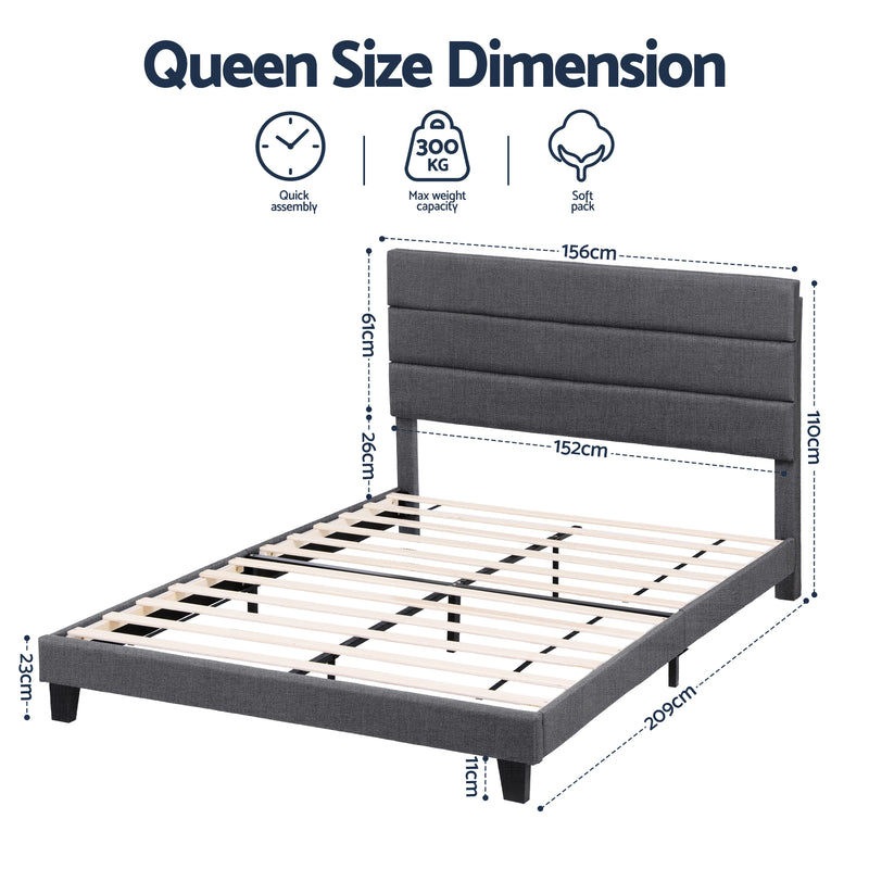 Milano Geometric Headboard Premium Charcoal Linen Bed Frame - Queen Size