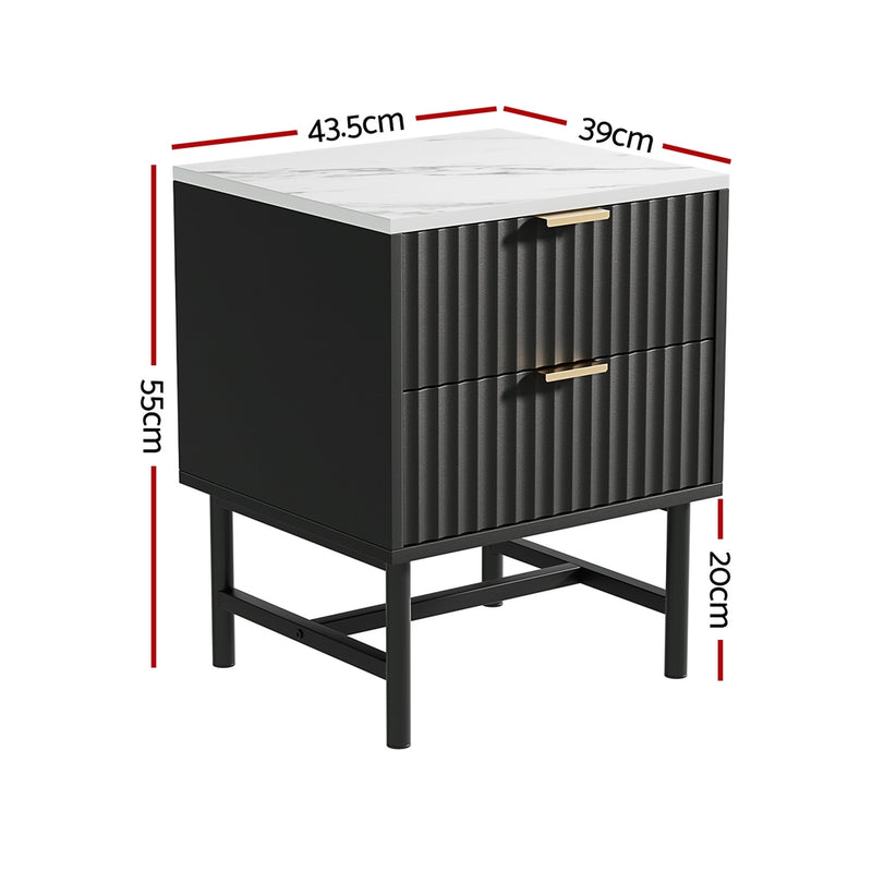Milano Stylish Bedside Table 2 Drawers - Black