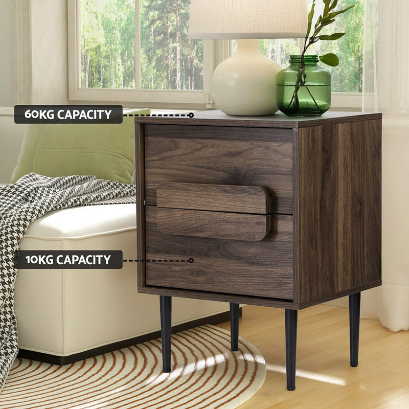 Milan Walnut 2 Drawers Bedside Table