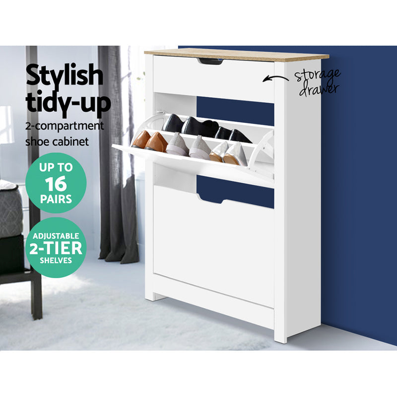 Elora slim shoe cabinet in white and wood with a top drawer and two shoe storage compartments