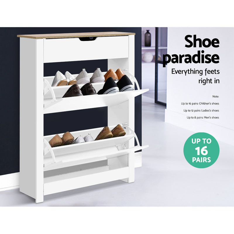 Elora slim shoe cabinet in white and wood with a top drawer and two shoe storage compartments