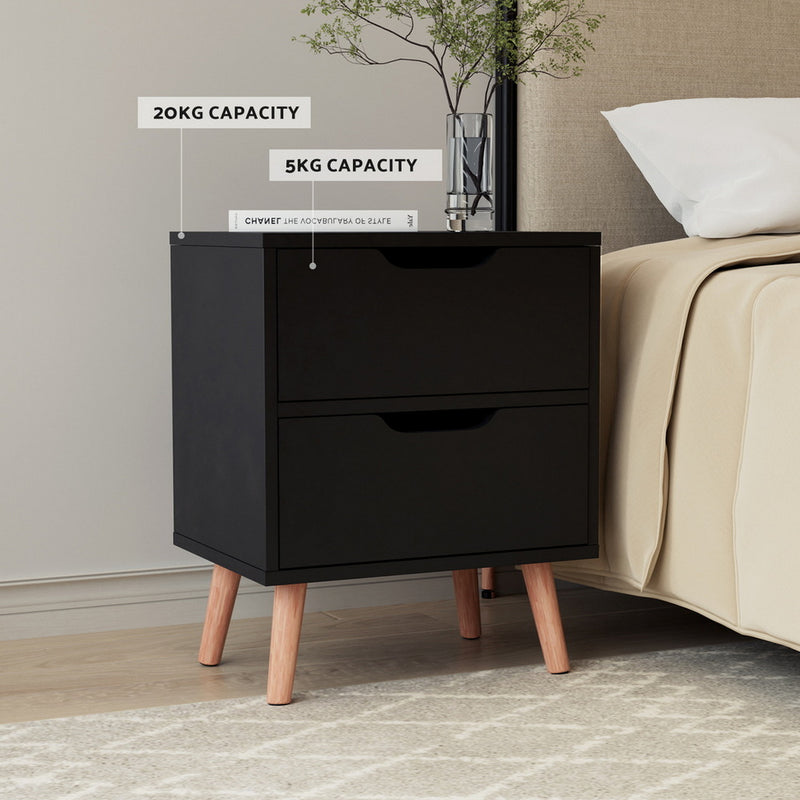 Milan 2 Drawers Black Bedside Table
