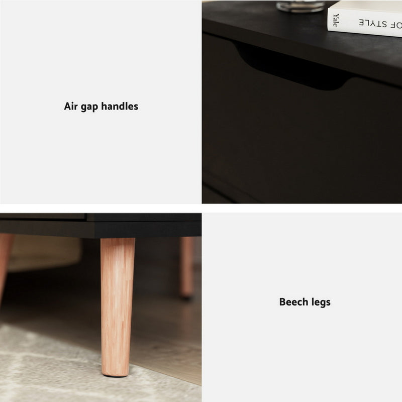 Milan 2 Drawers Black Bedside Table