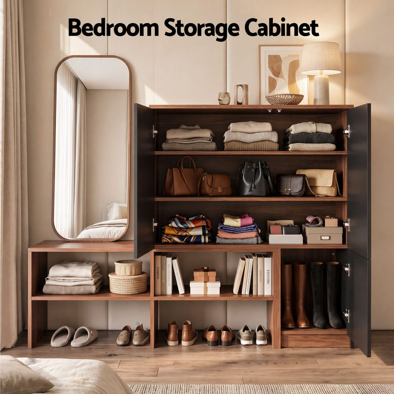Walden 2-in-1 shoe storage cabinet and bench in walnut and black with open shelves and concealed storage