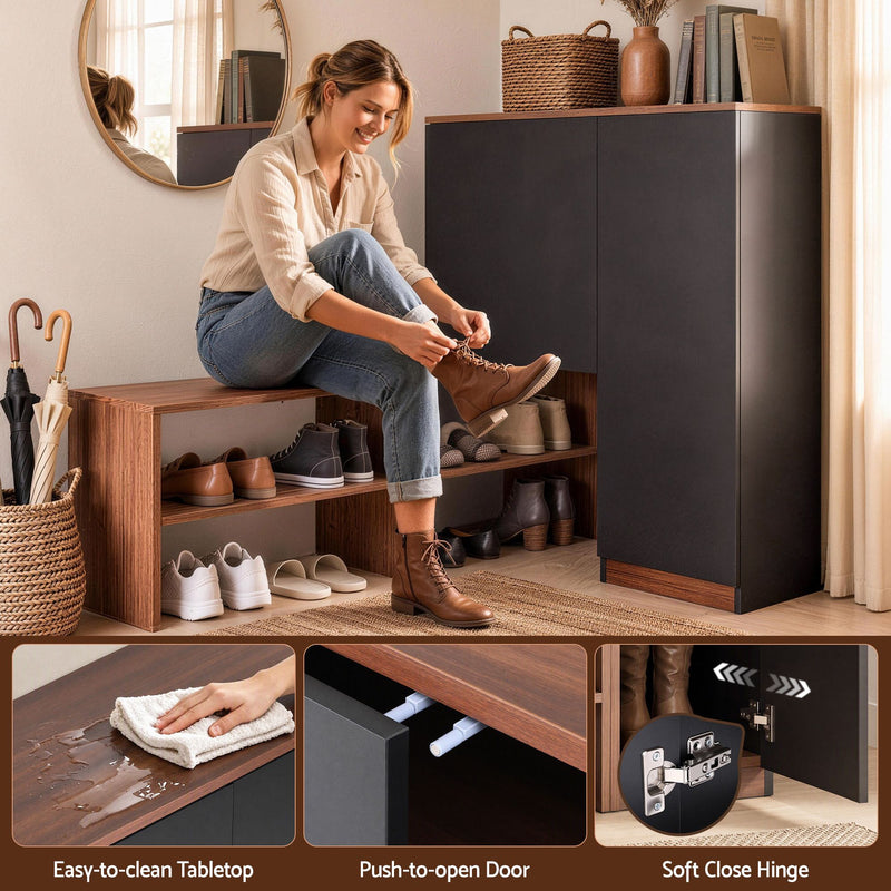 Walden 2-in-1 shoe storage cabinet and bench in walnut and black with open shelves and concealed storage