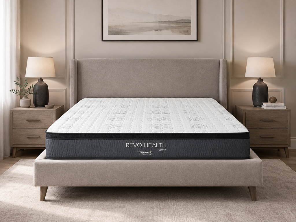 SlumberCare Revo Health Comfort Mattress on a modern upholstered bed frame