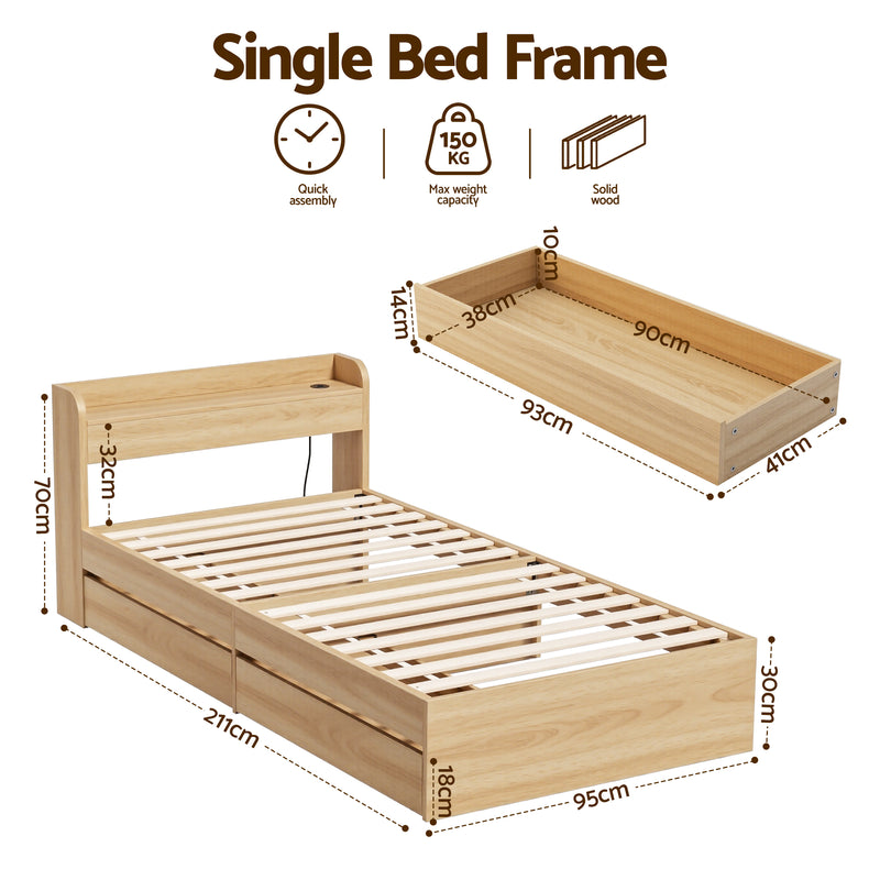 Milano 2 Drawers with USB Ports Bed Frame - Single Size