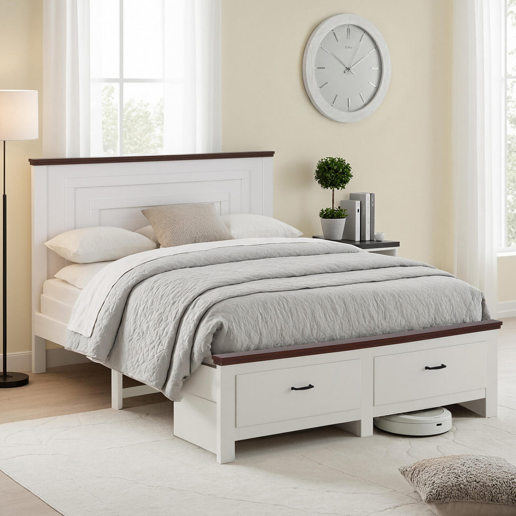 Artiss Queen Wooden Bed Frame with 2 Drawer Platform Bed with 108cm Solid High Headboard White Bed Base for Bedroom Easy Assembly