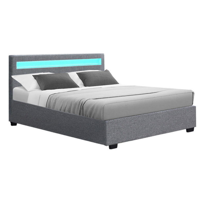 Milano Premium LED Bed Frame Fabric Gas Lift Storage - Grey Double Size