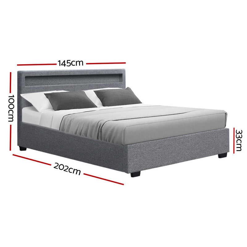Milano Premium LED Bed Frame Fabric Gas Lift Storage - Grey Double Size