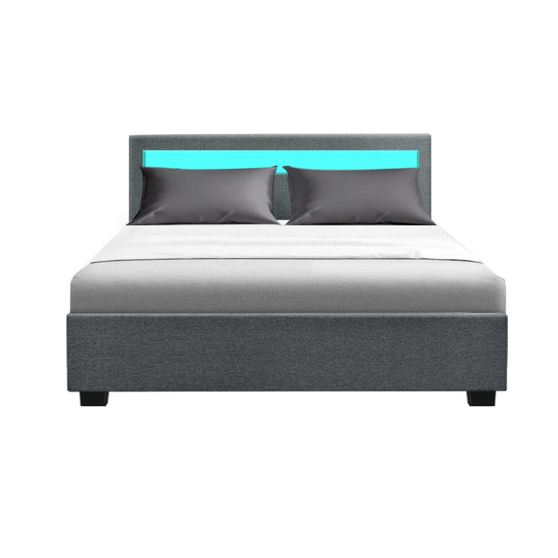 Milano Premium LED Bed Frame Fabric Gas Lift Storage - Grey Double Size