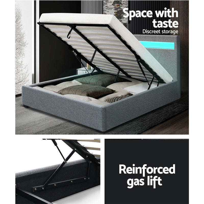 Milano Premium LED Bed Frame Fabric Gas Lift Storage Grey Double Size by Sleep House Blackburn