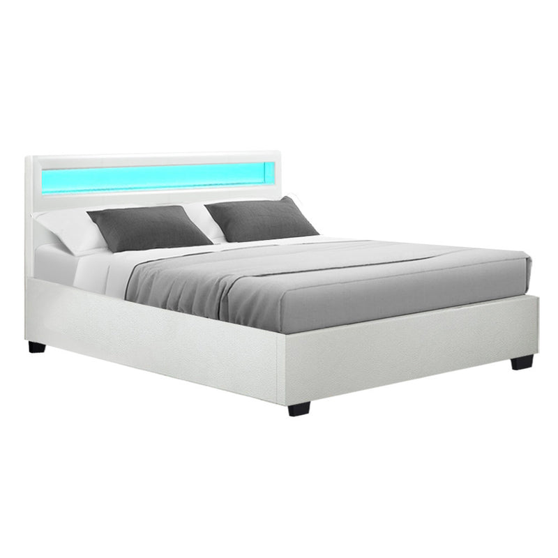 Milano LED Bed Frame PU Leather Gas Lift Storage White - Double Size