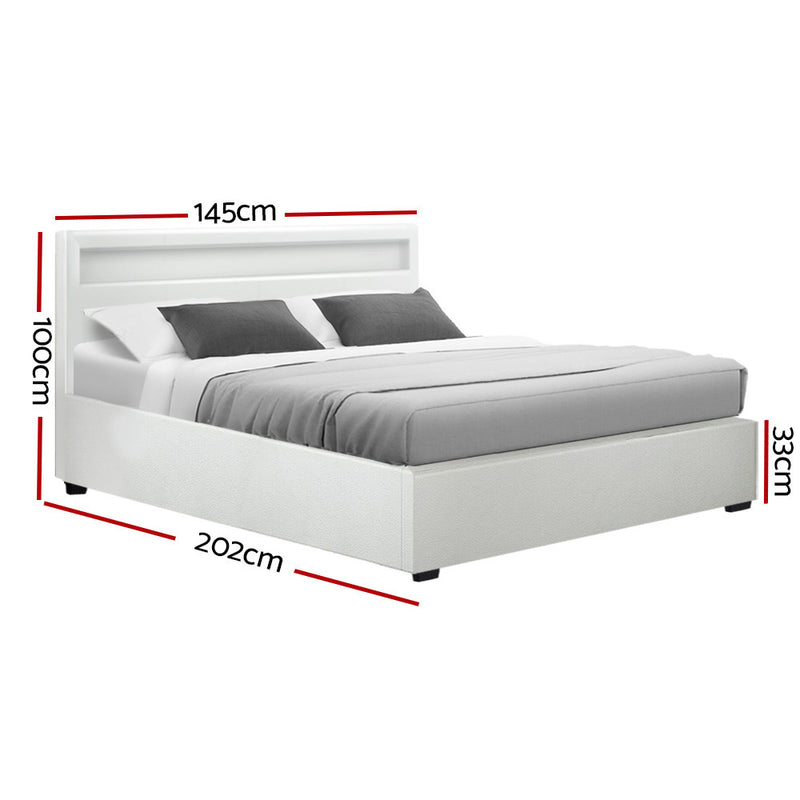 Milano LED Bed Frame PU Leather Gas Lift Storage White - Double Size