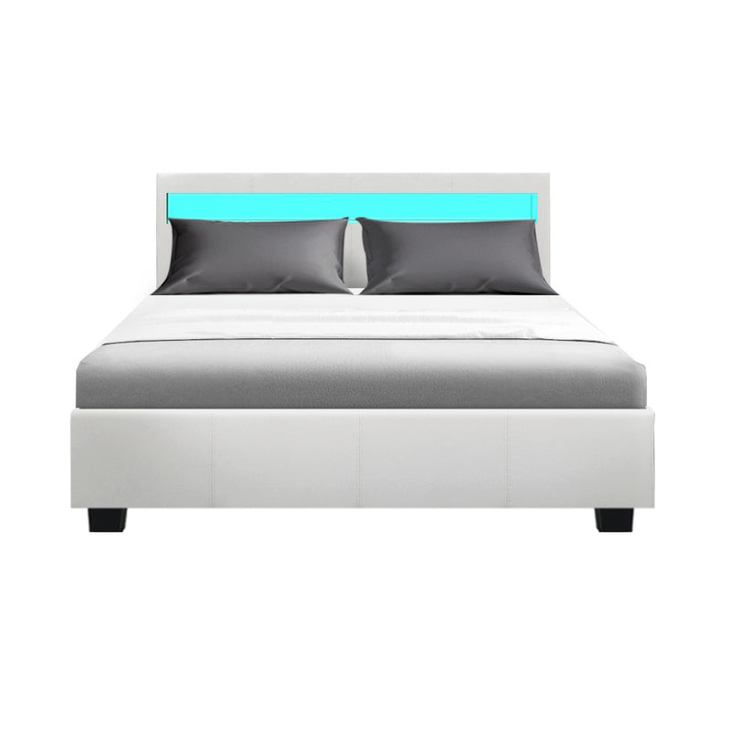 Milano LED Bed Frame PU Leather Gas Lift Storage White - Double Size