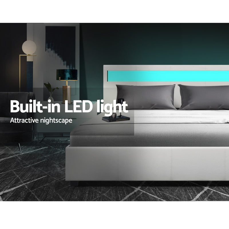 Milano LED Bed Frame PU Leather Gas Lift Storage White - Double Size