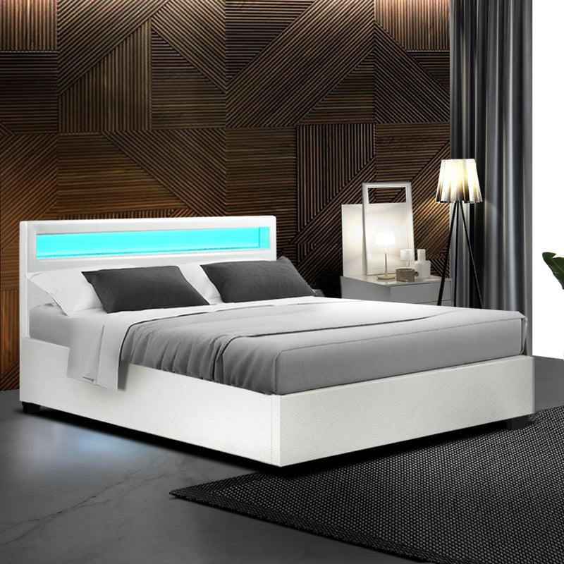 Milano LED Bed Frame PU Leather Gas Lift Storage White - Double Size