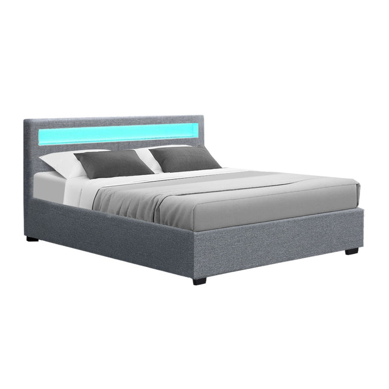 Milano Premium Fabric Gas Lift LED Bed Frame Grey Queen Size at Sleep House Brisbane
