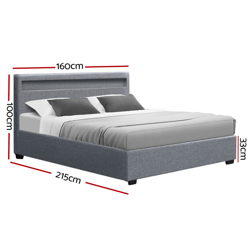 Milano Premium LED Bed Frame Fabric Gas Lift Storage - Grey Queen Size
