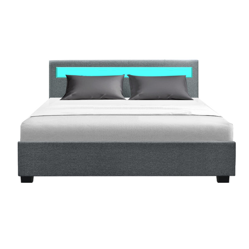 Milano Premium Fabric Gas Lift LED Bed Frame Grey Queen Size at Sleep House Brisbane