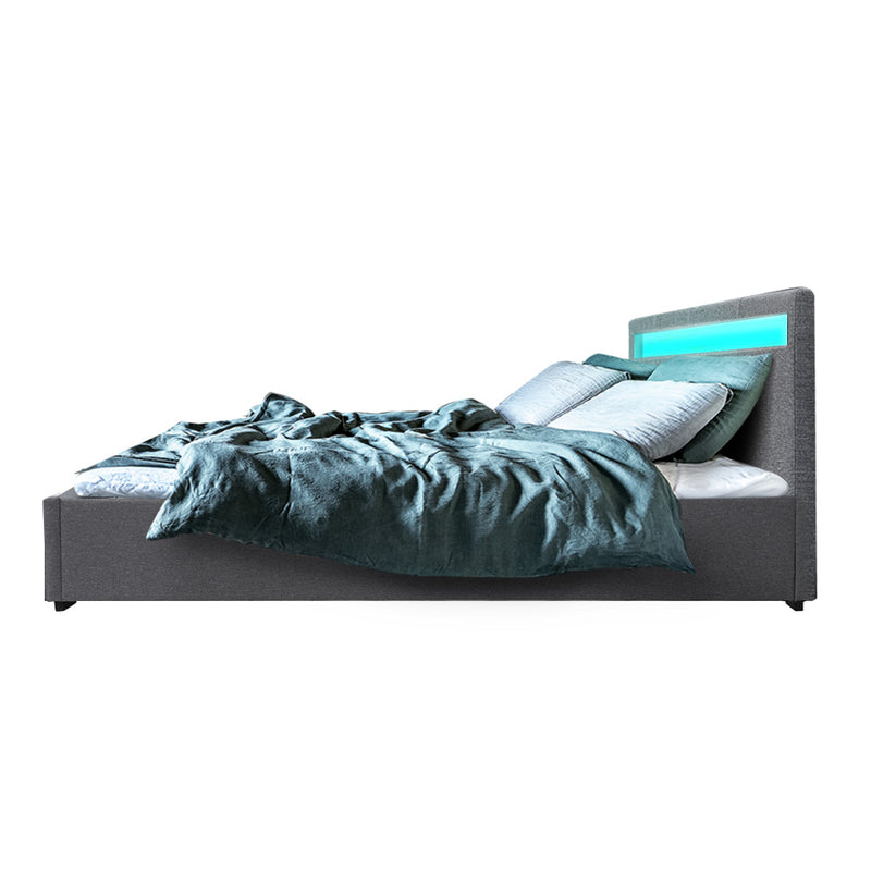 Milano Premium Fabric Gas Lift LED Bed Frame Grey Queen Size at Sleep House Brisbane