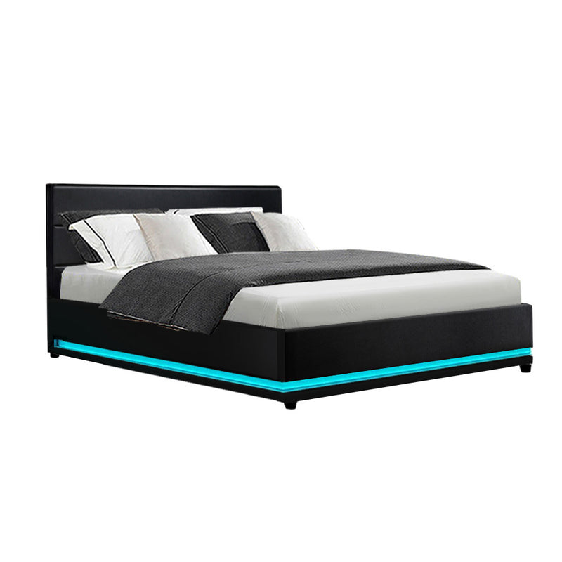 Milano Premium LED Lumi Bed Frame PU Leather Gas Lift Storage - Black Double Size