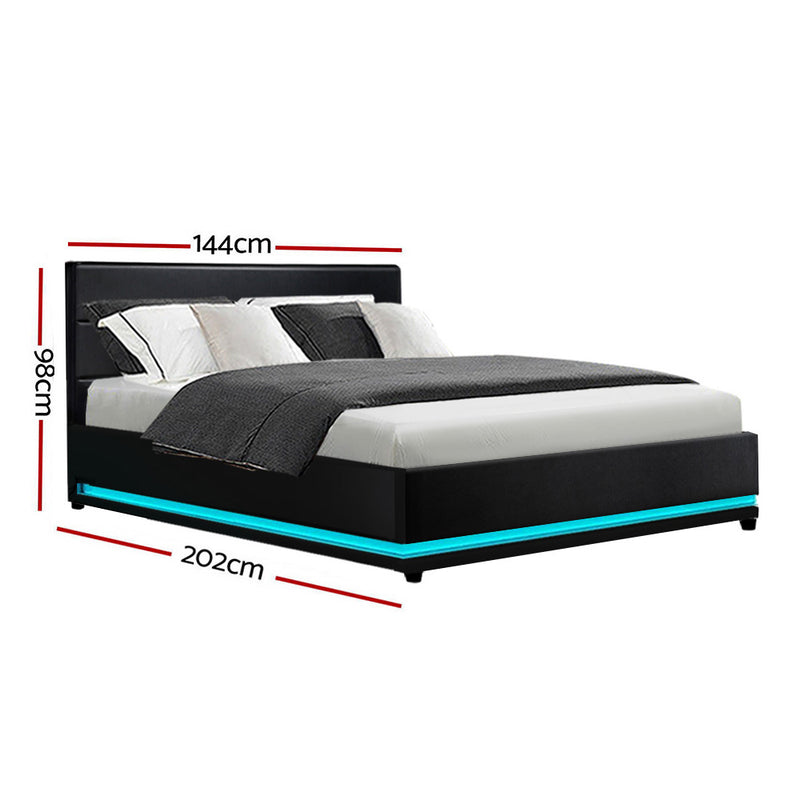 Milano Premium LED Lumi Bed Frame PU Leather Gas Lift Storage - Black Double Size