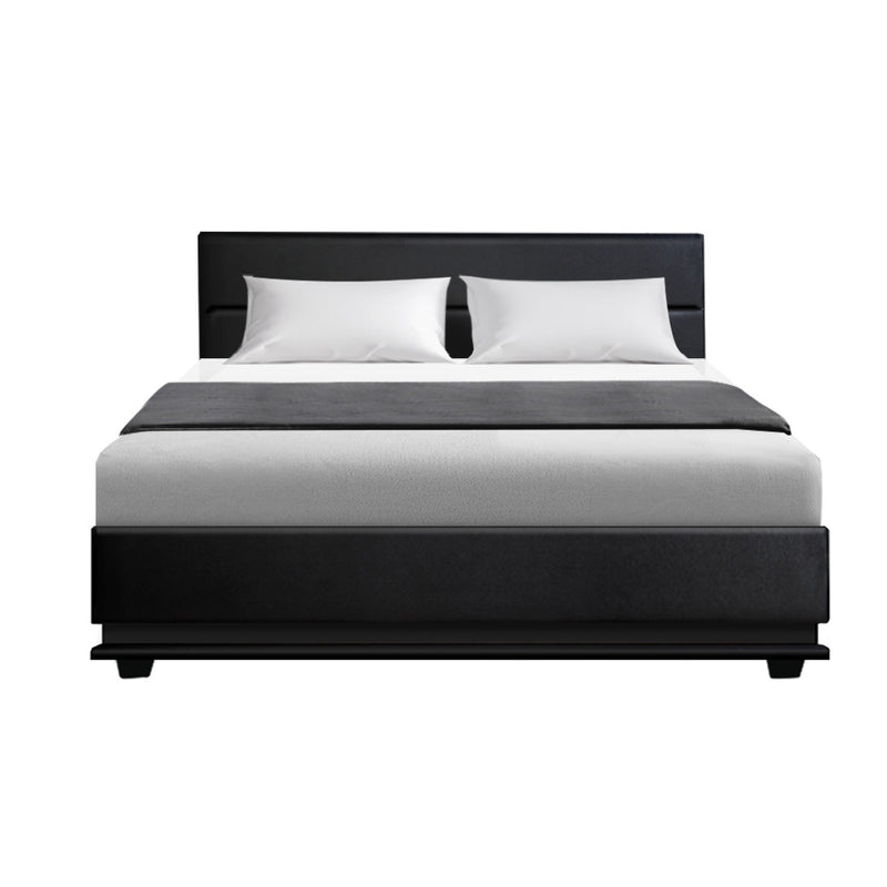 Milano Premium LED Lumi Bed Frame PU Leather Gas Lift Storage - Black Double Size