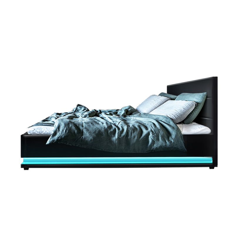 Milano Premium LED Lumi Bed Frame PU Leather Gas Lift Storage - Black Double Size
