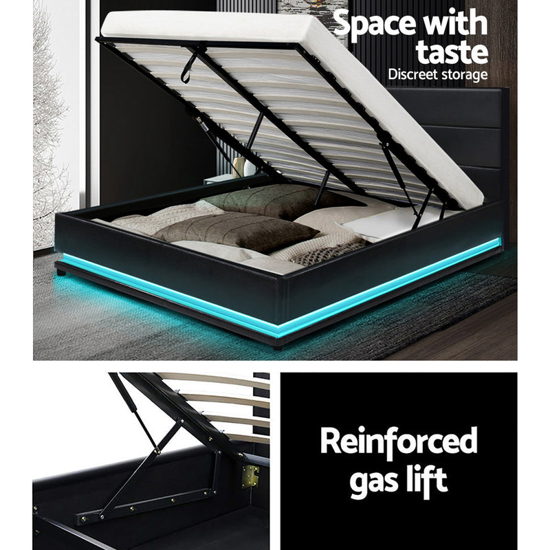 Milano Premium LED Lumi Bed Frame PU Leather Gas Lift Storage - Black Double Size