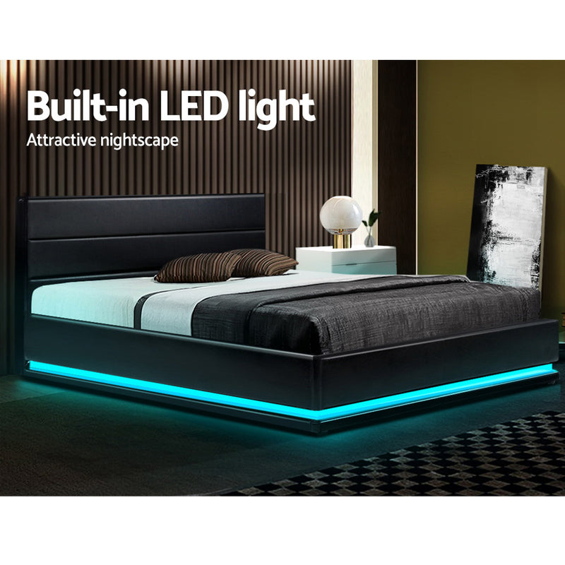 Milano Premium LED Lumi Bed Frame PU Leather Gas Lift Storage - Black Double Size