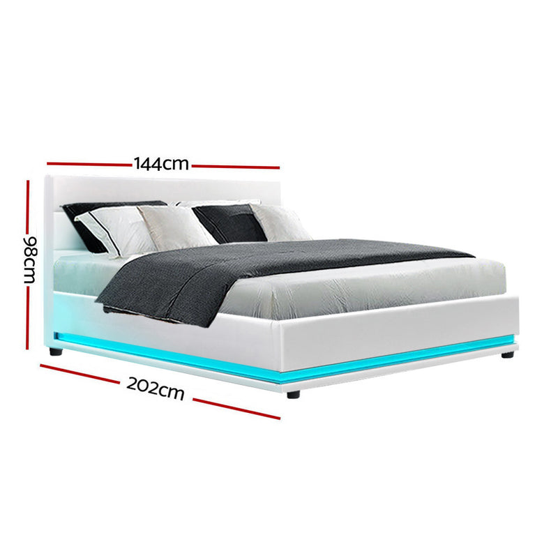 Milano Premium Lumi LED Bed Frame PU Leather Gas Lift Storage - White Double Size