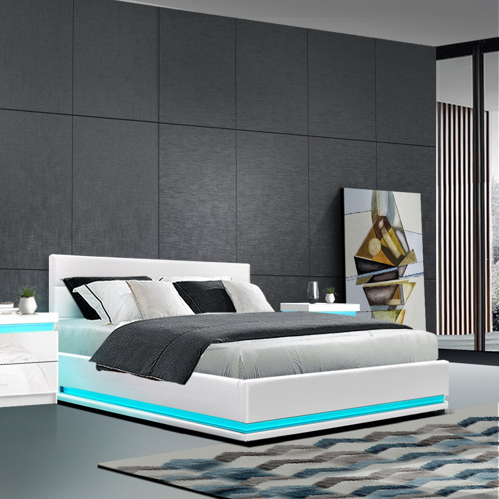 Milano Premium Lumi LED Bed Frame PU Leather Gas Lift Storage - White Double Size