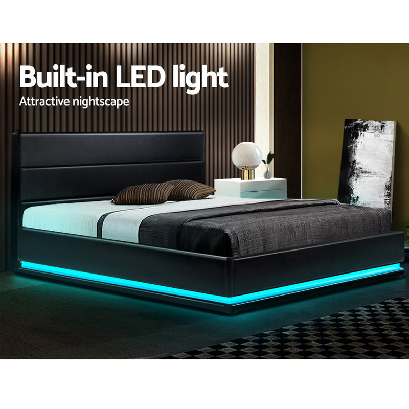 Milano Premium Lumi LED Bed Frame PU Leather Gas Lift Storage - Black King