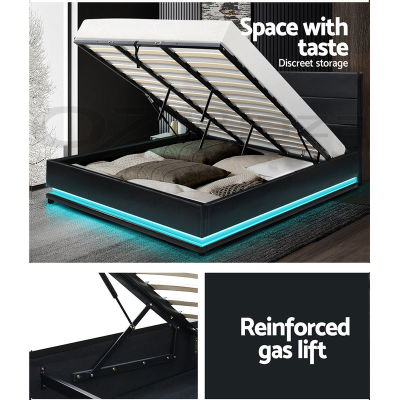 Milano Premium Lumi LED Bed Frame PU Leather Gas Lift Storage - Black King