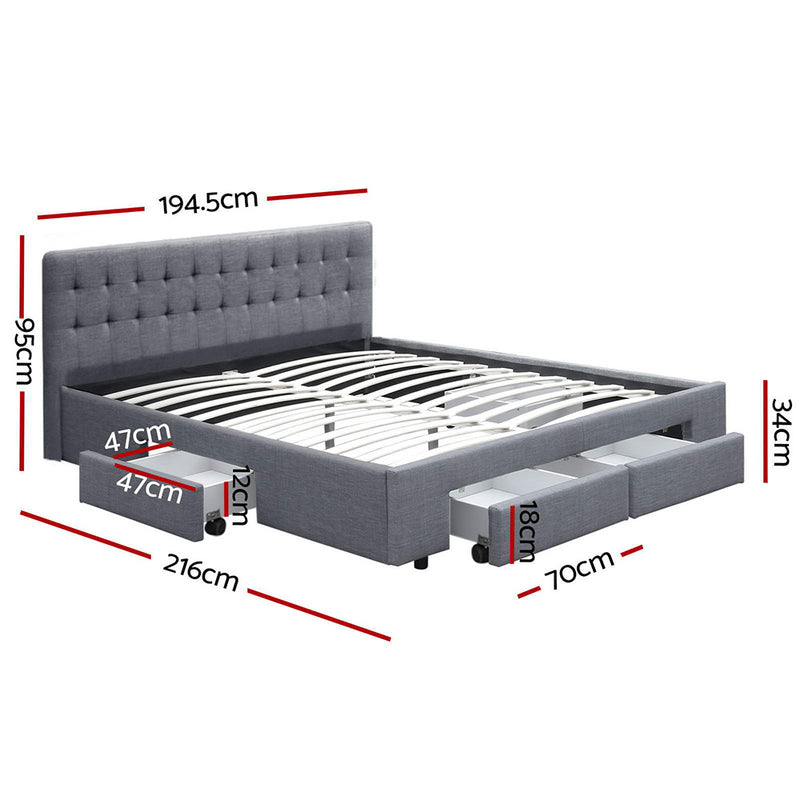 Milano Premium Fabric Bed Frame with Storage Drawers Grey - King Size