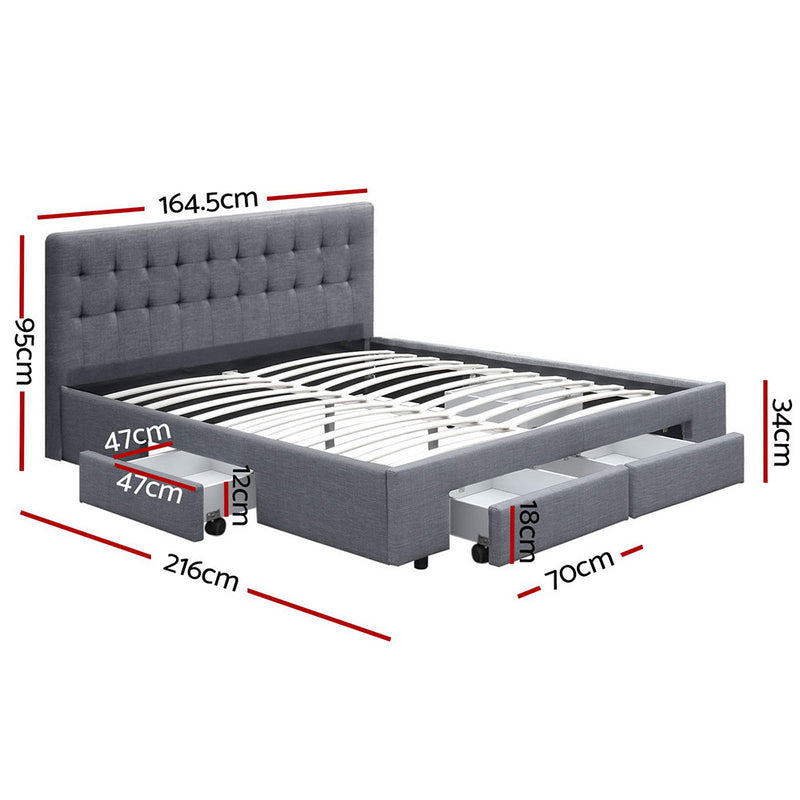 Milano Premium Fabric Bed Frame with Storage Drawers Grey - Queen Size