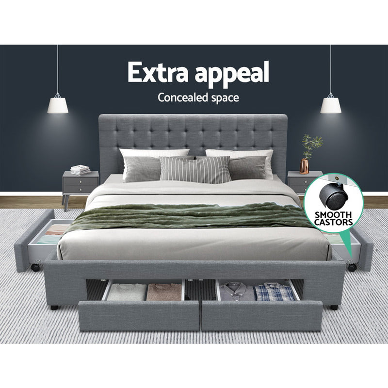 Milano Premium Fabric Bed Frame with Storage Drawers Grey - Queen Size