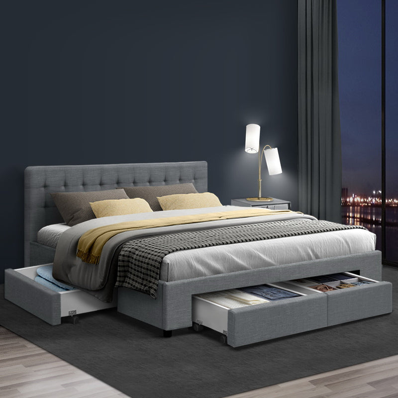 Milano Premium Fabric Bed Frame with Storage Drawers Grey - Queen Size