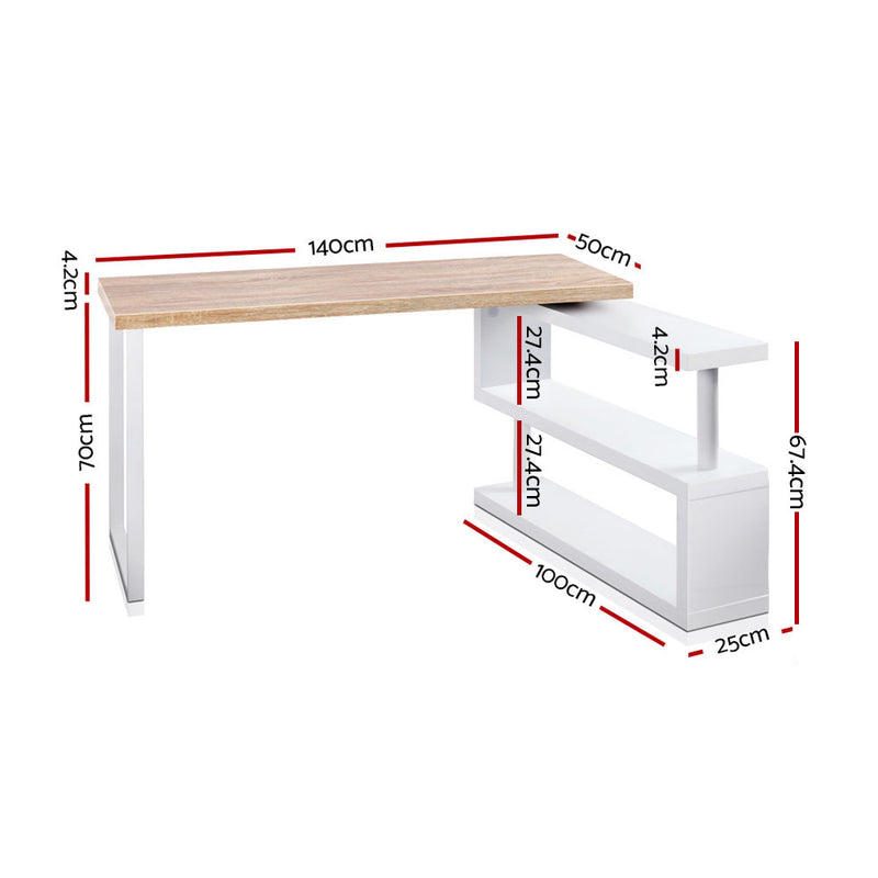 Diva Rotary Corner Desk with Bookshelf - Brown & White