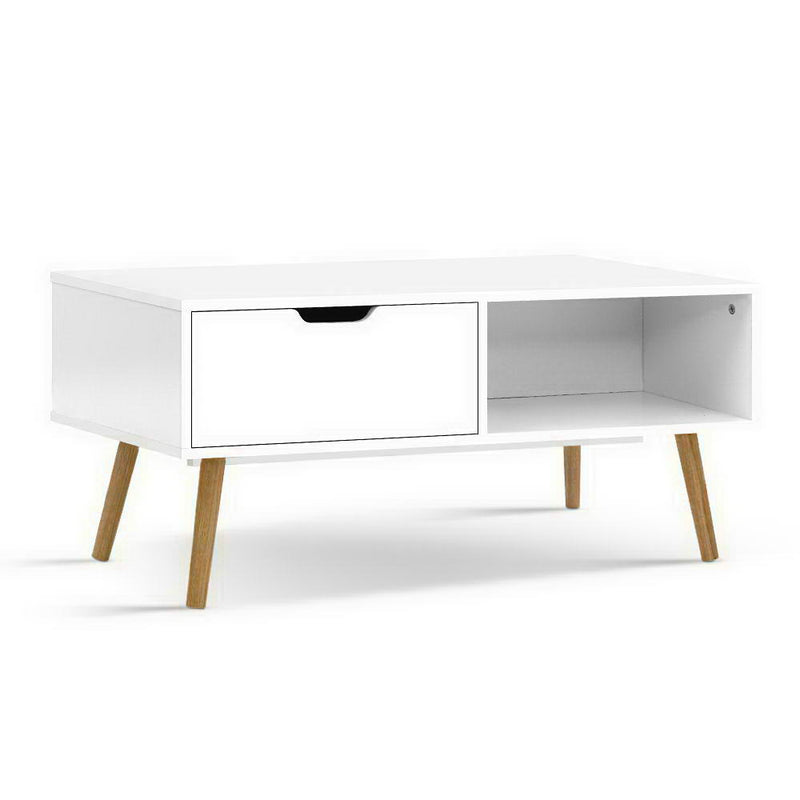 Diva Coffee Table Storage Drawer Open Shelf Wooden Legs White