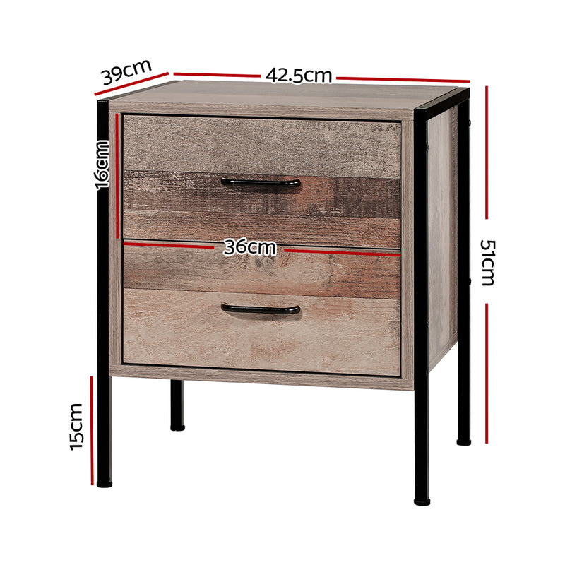 Milano Bedside Table Drawers Nightstand Metal Oak
